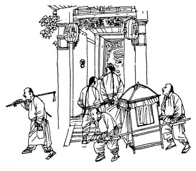 巧云要去翠屏山寺中幽会裴如海,杨雄不知还特命下人雇一顶轿子与夫人