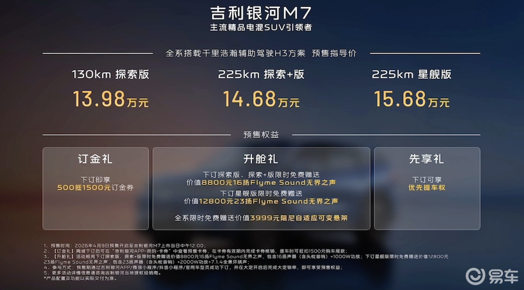 吉利银河M7预售价13.98万起 搭载神盾金砖电池