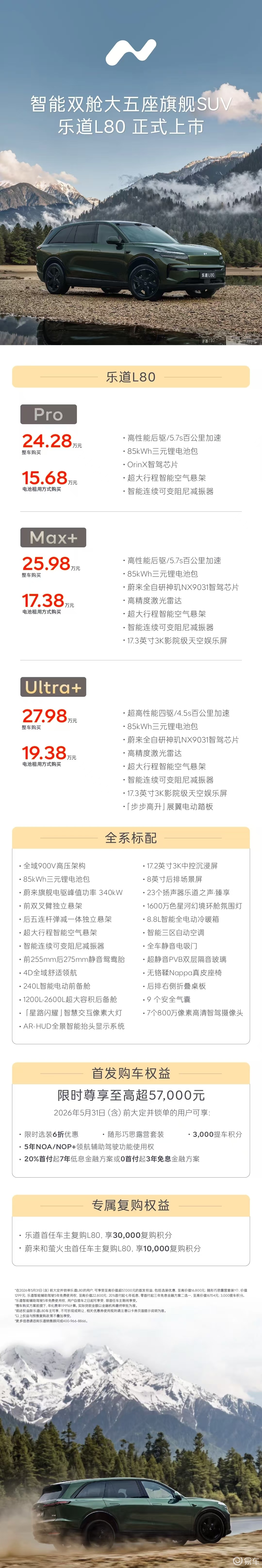 乐道L80正式上市 24.28万起 智能双舱大五座新标杆