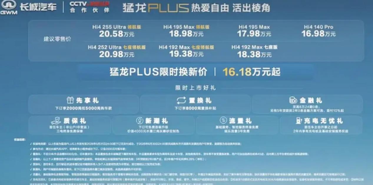长城猛龙PLUS正式上市18.98万元起