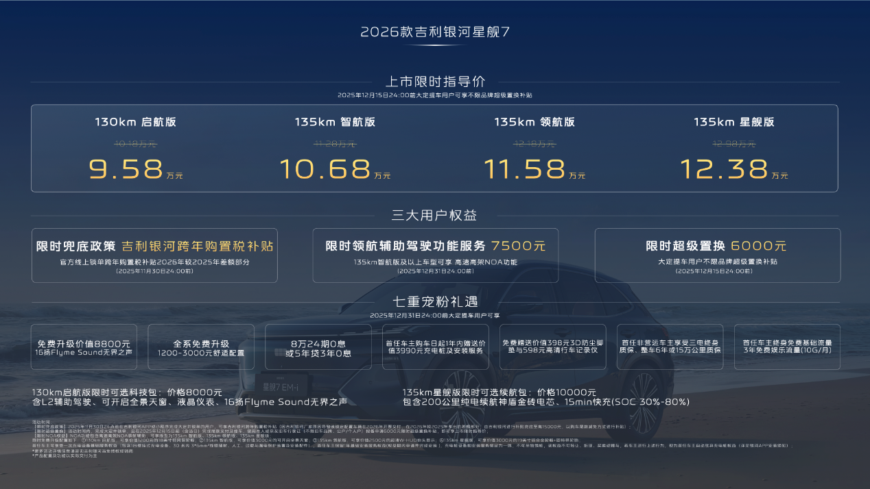 2026款吉利银河星舰7正式上市 9.58万元起