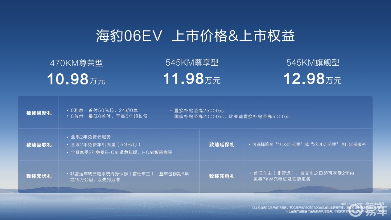 比亚迪海豹06EV上市售价10.98万元~12.98万元