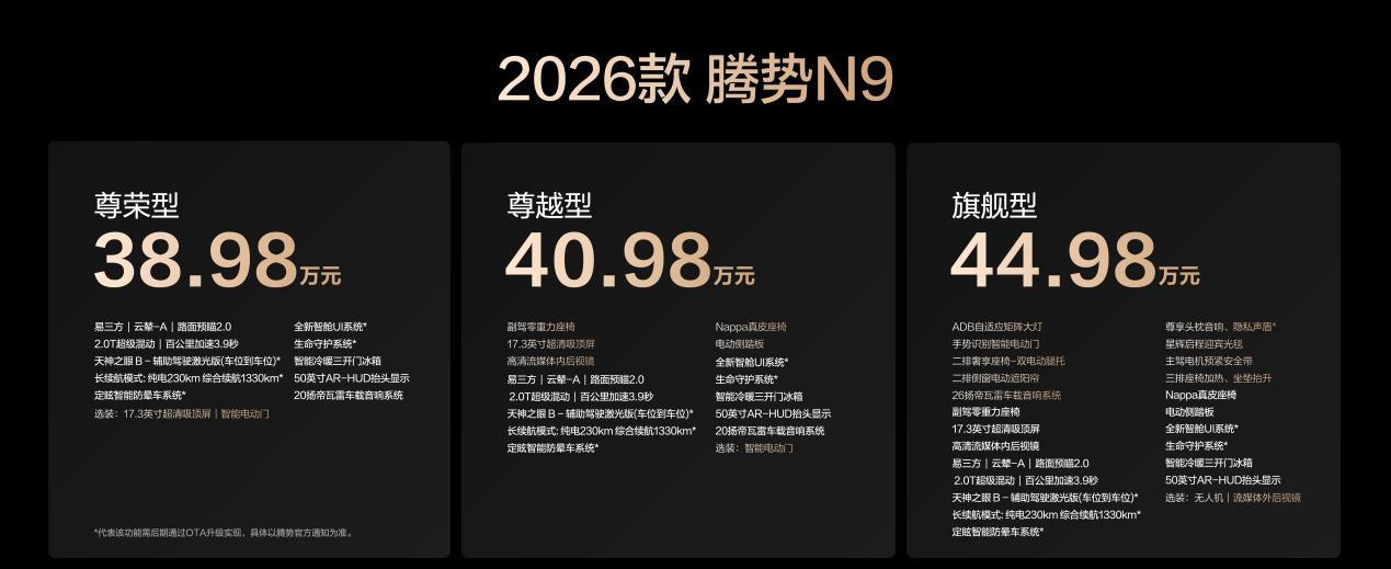 腾势N9上市售价38.98万元~44.98万元