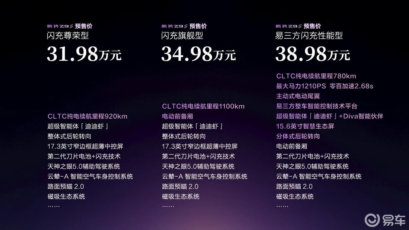腾势Z9S预售31.98万起 1100km+9分钟充满