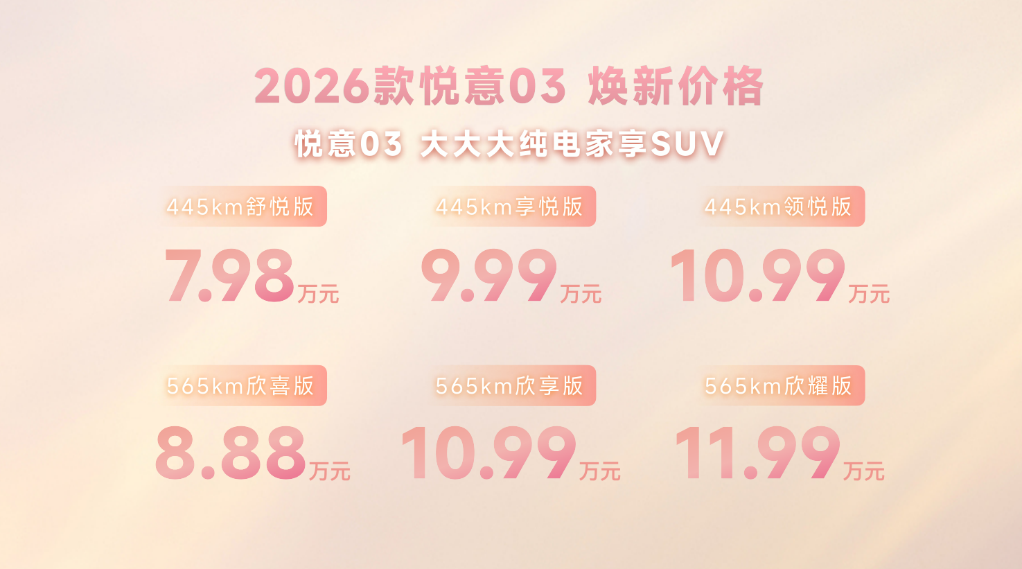 7.98万起 配置/舒适升级 2026款悦意03上市