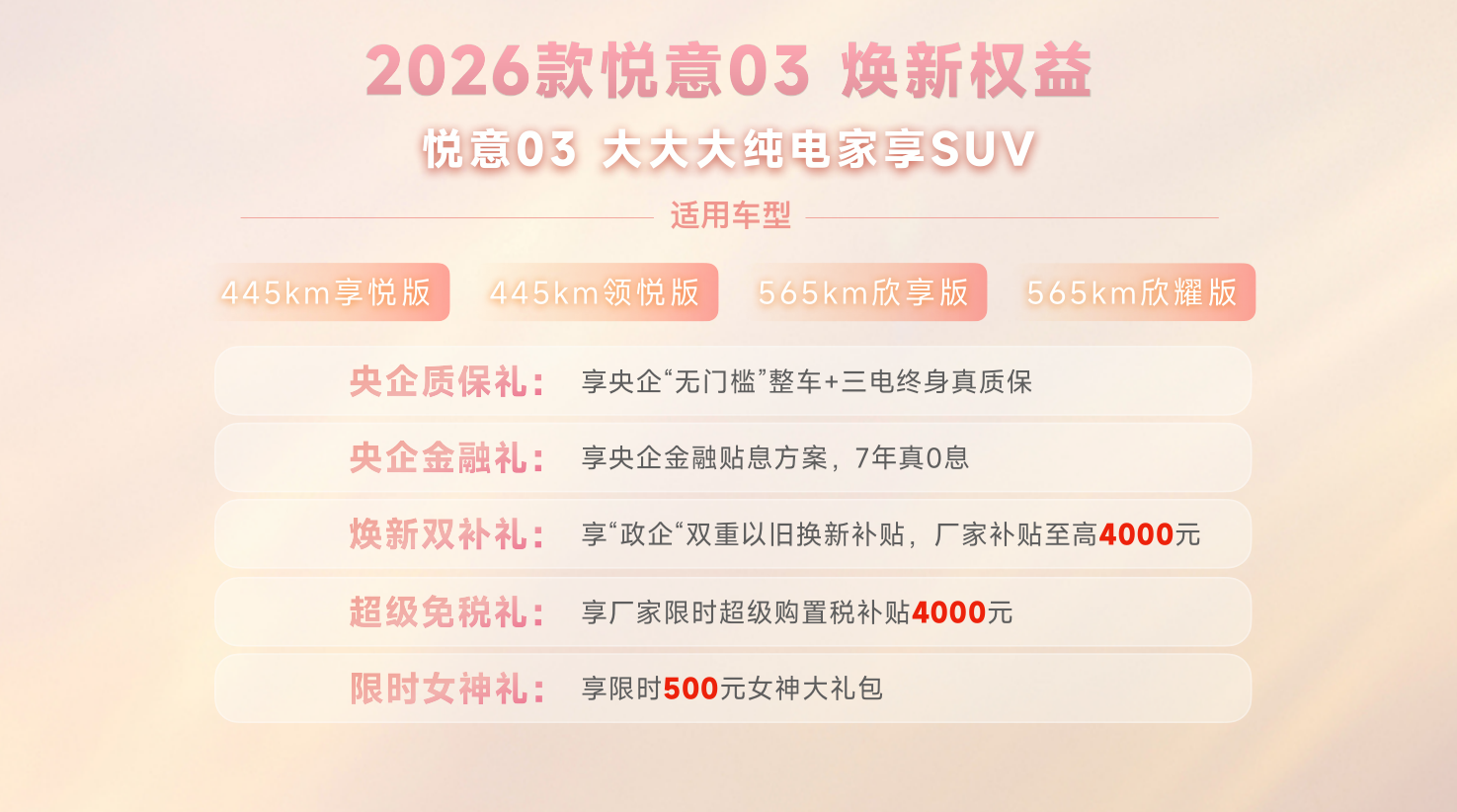 7.98万起 配置/舒适升级 2026款悦意03上市
