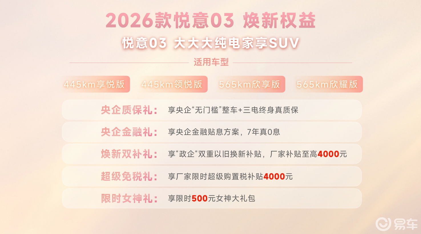 2026款悦意03上市，售7.98万起，主打家庭用户