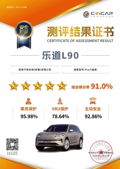 乐道L90获中汽中心三大权威测评“五星大满贯”