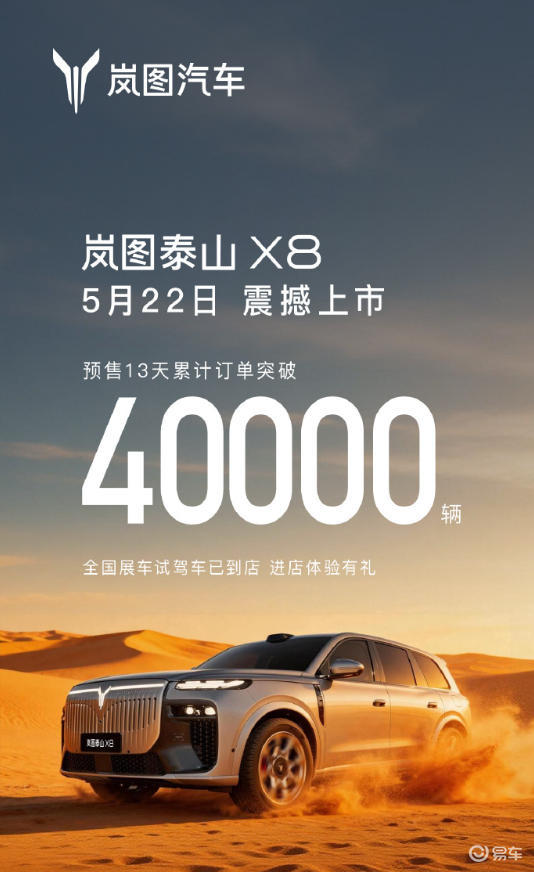 岚图泰山X8定档5月22日上市，预售订单破4万台！