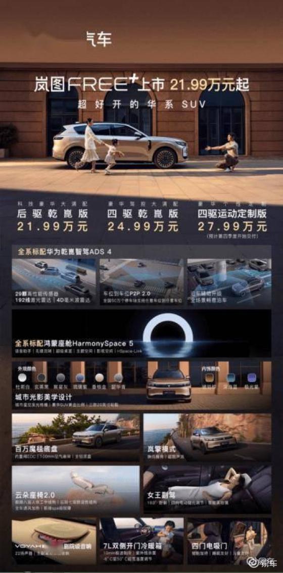 岚图FREE售价21.99万起，全系豪华配置