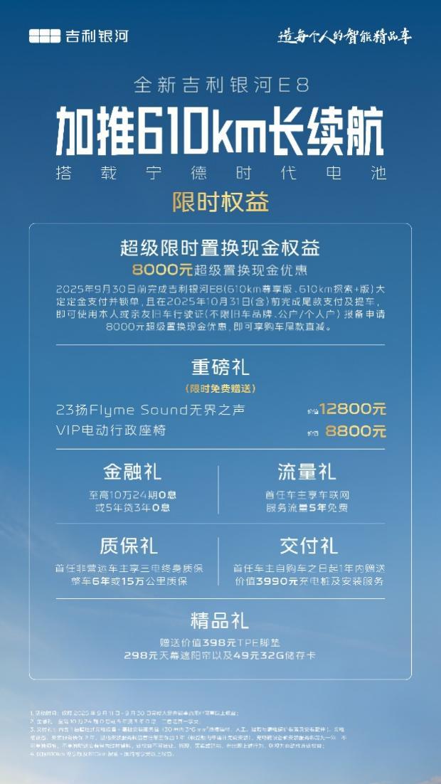 搭载宁德电池 吉利银河E8 610km长续航版型加推上市