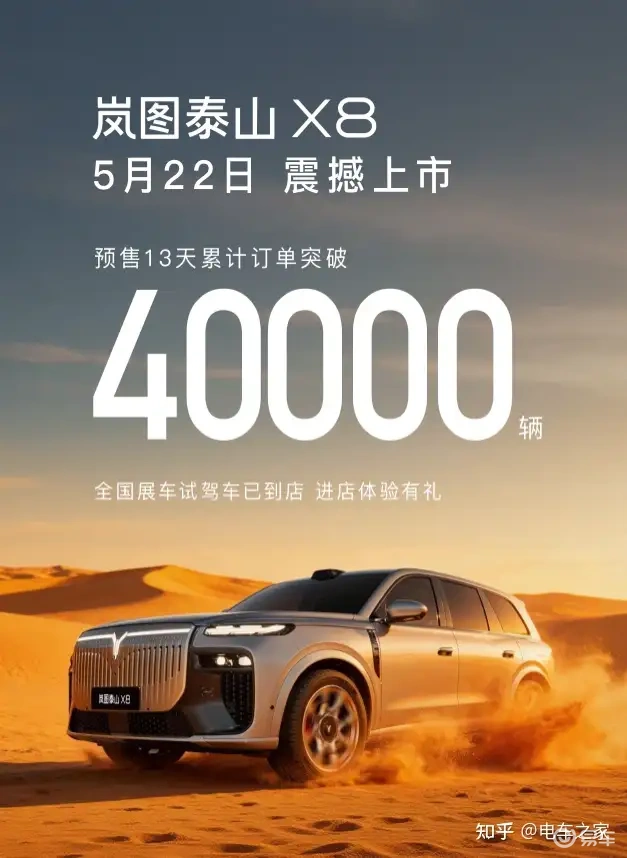 岚图泰山X8预售订单破40000辆， 5月22日上市