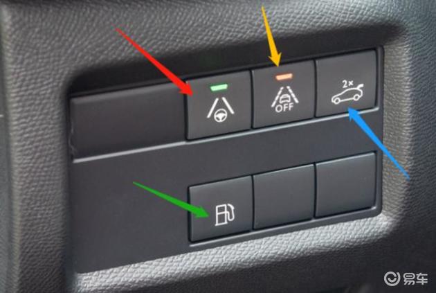上图为位于方向盘左侧下面的控制面板细节特写:红色箭头:车道保持功能
