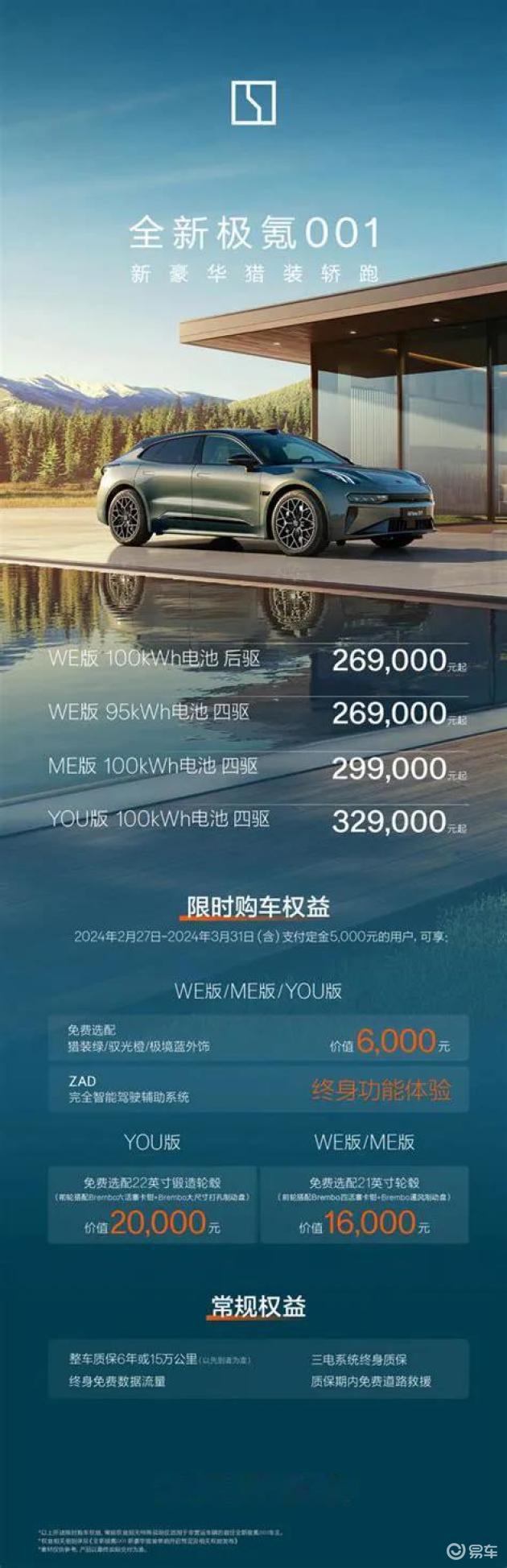 全新极氪001正式上市：三电系统终身质保，仅售价26.9万起_易车