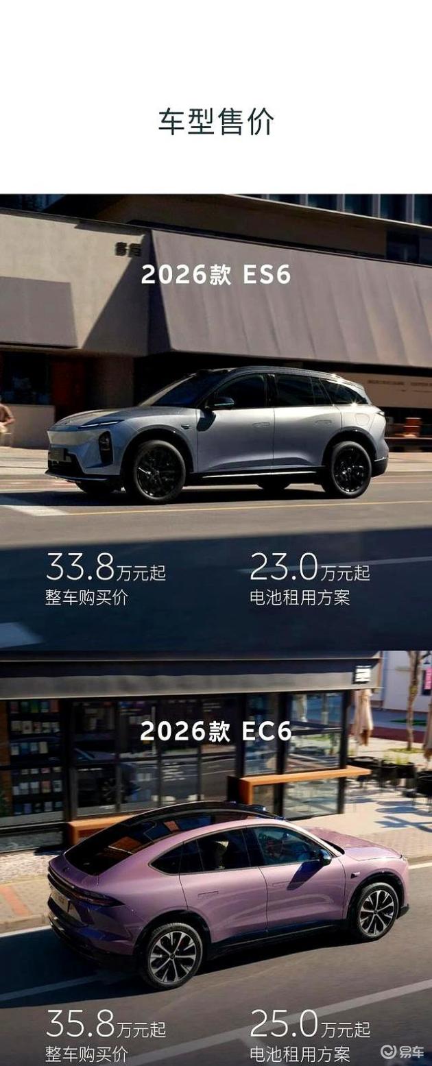 2026款蔚来ES6、EC6新能源车正式发售，起售价33.8万元