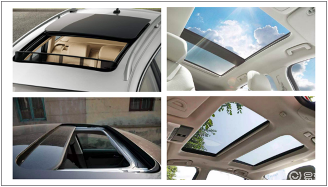 天窗;按尺寸区分,有普通天窗(含两片式),全景天窗.