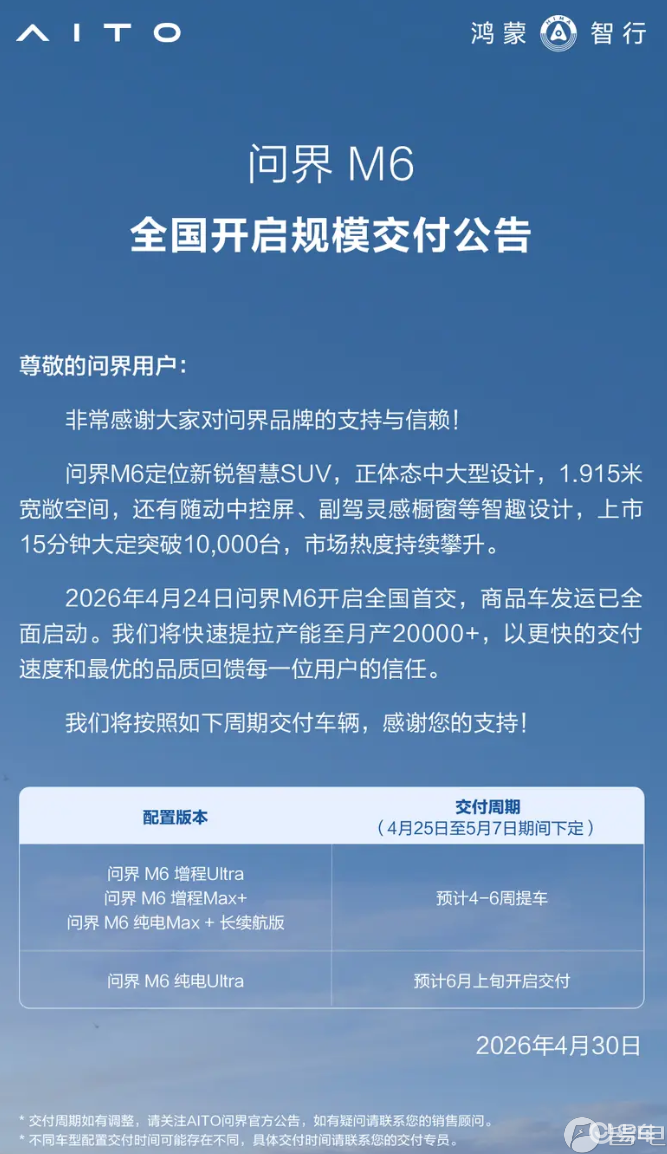 问界M6全国开启规模交付 纯电Ultra预计6月上旬交付