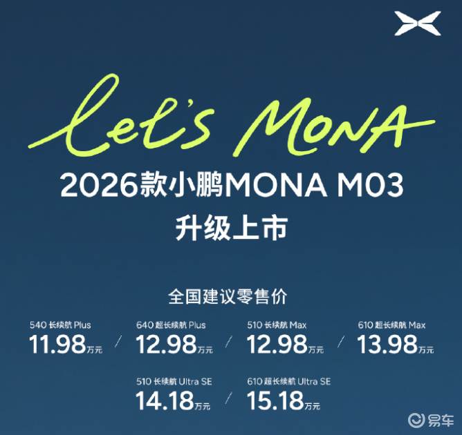 新款小鹏MONA M03上市,售价11.98万元起