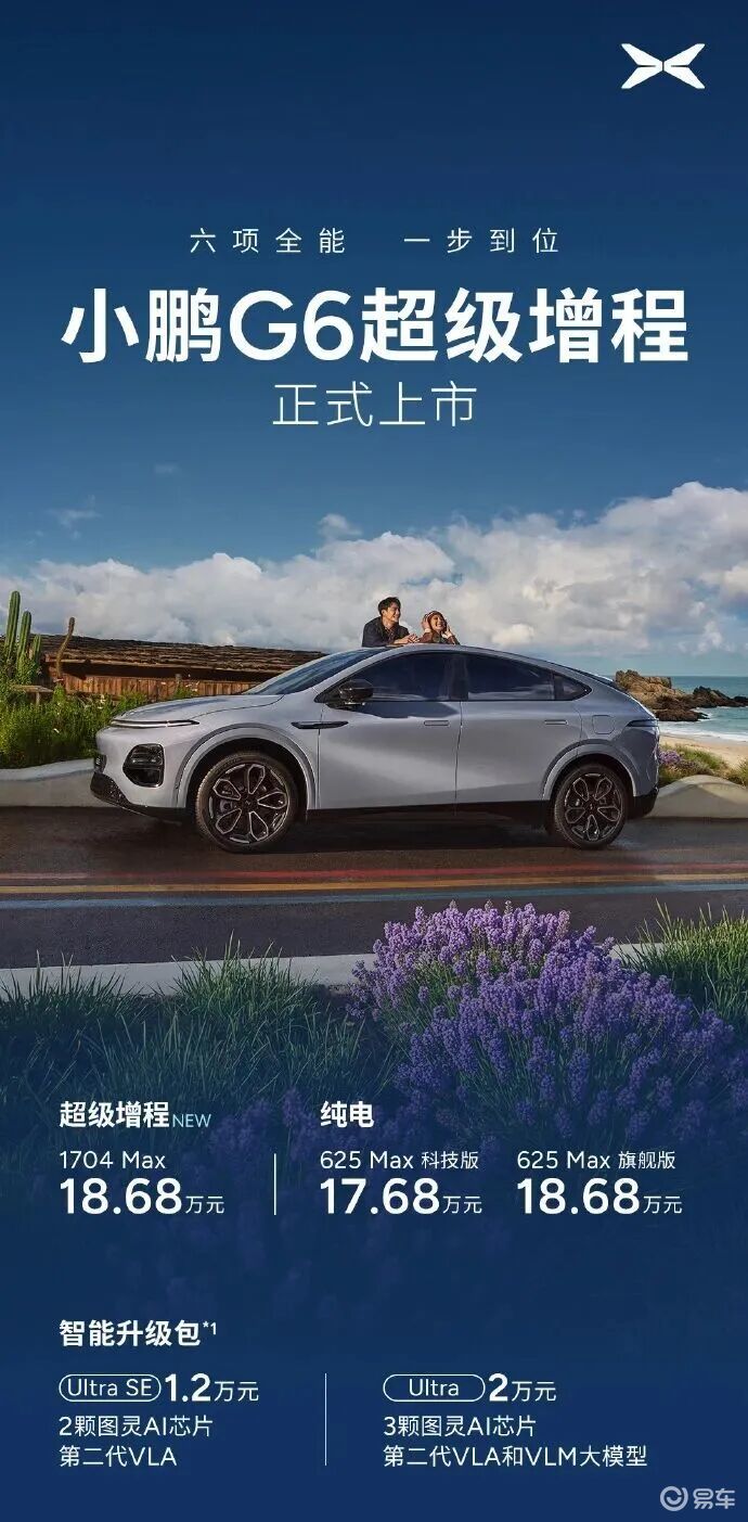 新款小鹏G6超级增程版上市，售价18.68万元