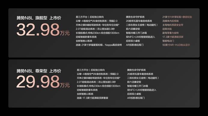 全系标配易三方、云辇-A，腾势N8L售价29.98万元起