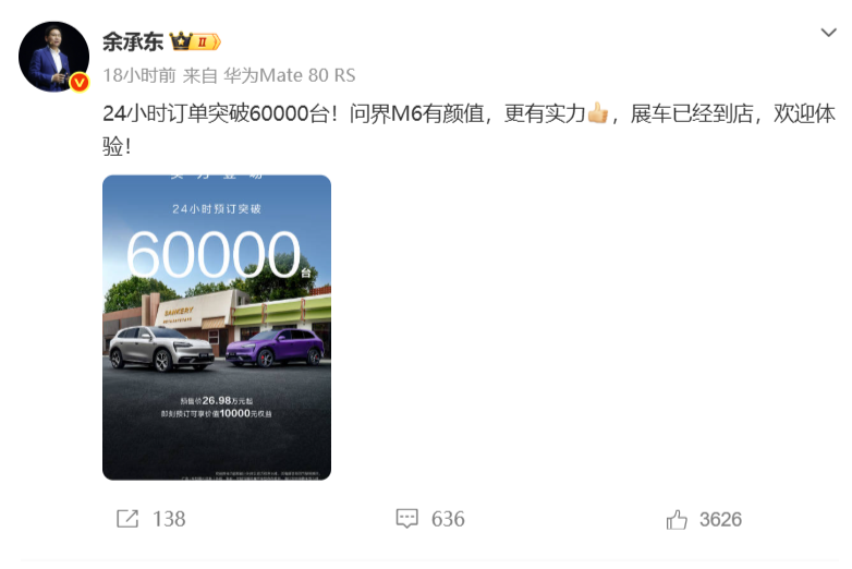 余承东：问界M6订单突破6万台，有颜值，更有实力