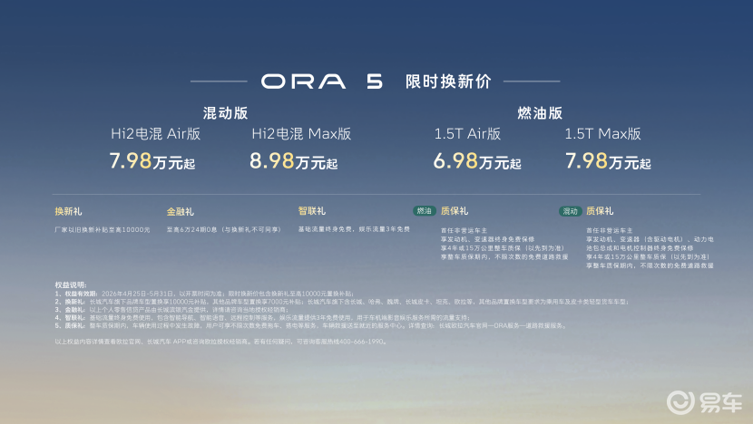 长城欧拉5混动版/燃油版上市 限时换新价6.98万元起