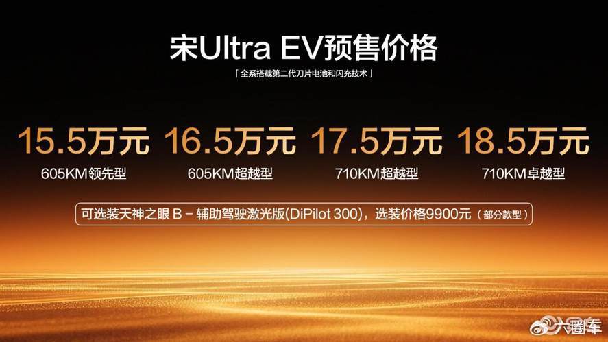 宋Ultra EV全系闪充，预售15.5万起