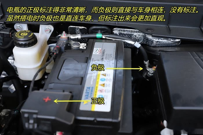 gs8s电瓶的正极标注得非常清晰,而负极则直接与车身相连,没有任何标注