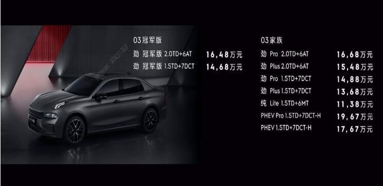 8月10日,新款领克03(参数|询价|图片)(含冠军版)上市,新车售价区间为
